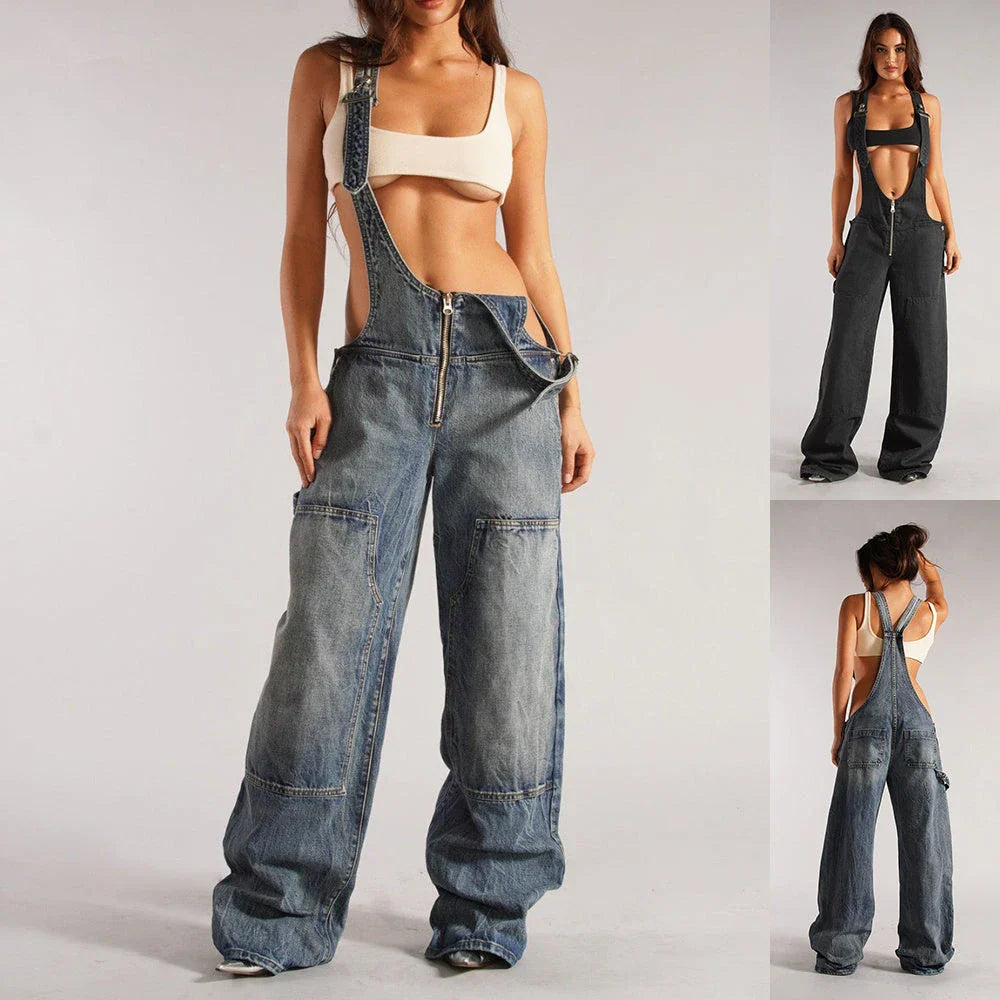Fashionable Y2K-inspired denim overalls with pockets, suspenders, and a loose, comfortable fit