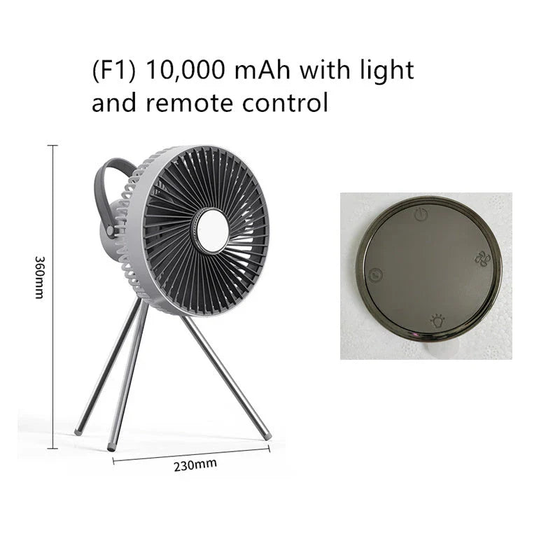 Versatile USB Rechargeable Camping Fan with Tripod Stand and Lantern, offering a premium aluminum alloy construction, 3-in-1 design, and powerful brushless motor for a refreshing outdoor experience.