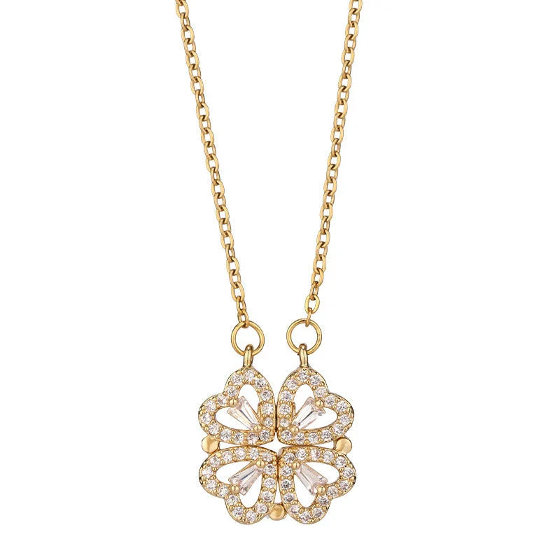 Radiant four-leaf clover necklace made of premium titanium steel with a dazzling diamond-inlaid design, available in gold, silver, and rose gold finishes