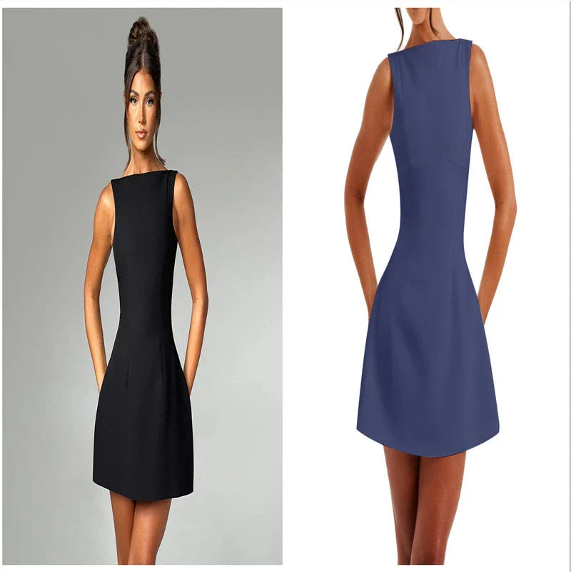 Fashionable backless summer dress in various colors, featuring a sleek silhouette, high-waist design, and chic style.