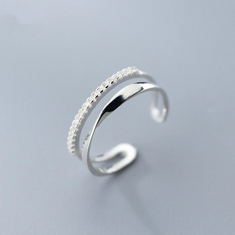Adjustable twisted double-row silver ring with unique Korean-inspired design