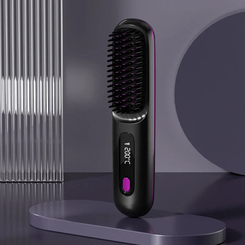Wireless Hair Straightener Brush with fast heating, portable design, and USB charging