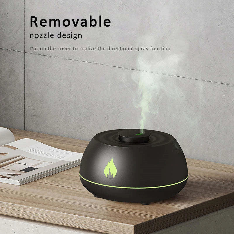 Aromatherapy diffuser with realistic flame-like lighting, color-changing mood lights, and essential oil diffusion capabilities