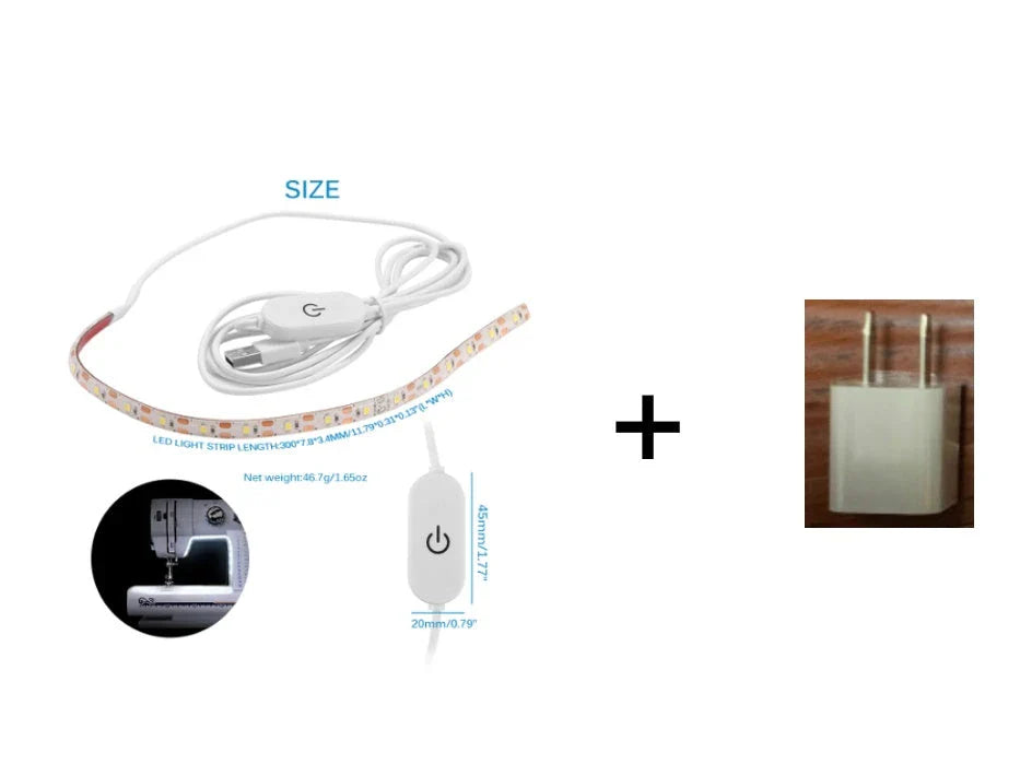 Adjustable sewing machine LED light bar with touch-sensitive dimming controls for customizable illumination