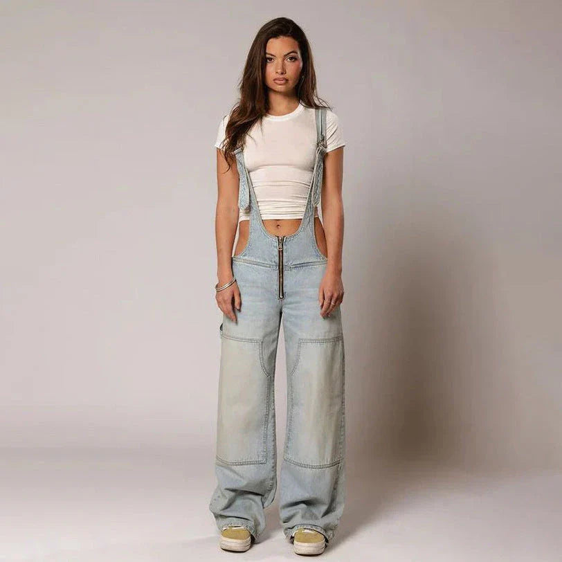 Fashionable Y2K-inspired denim overalls with pockets, suspenders, and a loose, comfortable fit