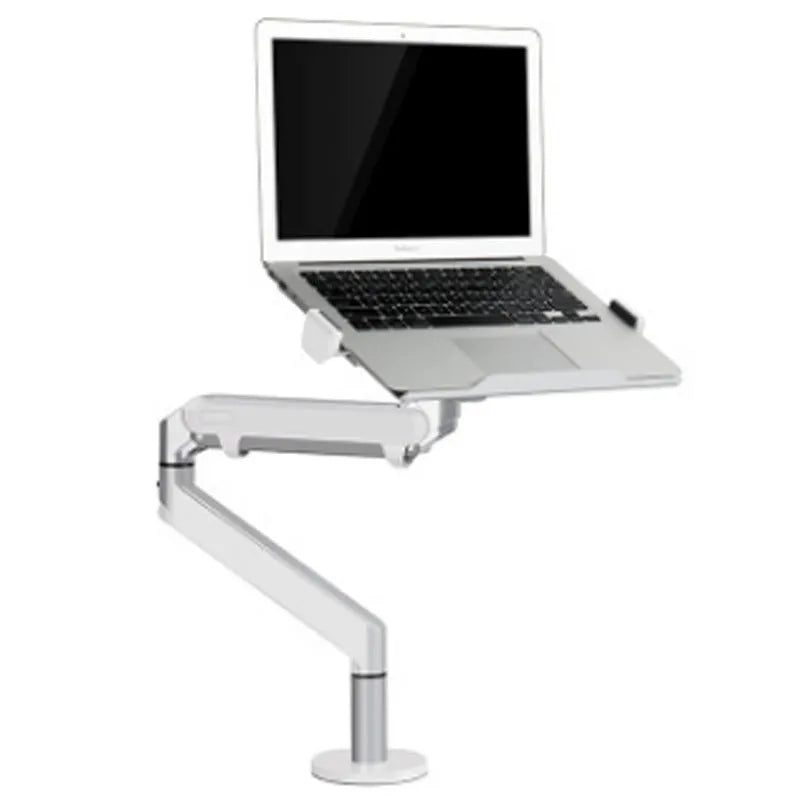 Silver aluminium alloy laptop stand holding a notebook on a desk