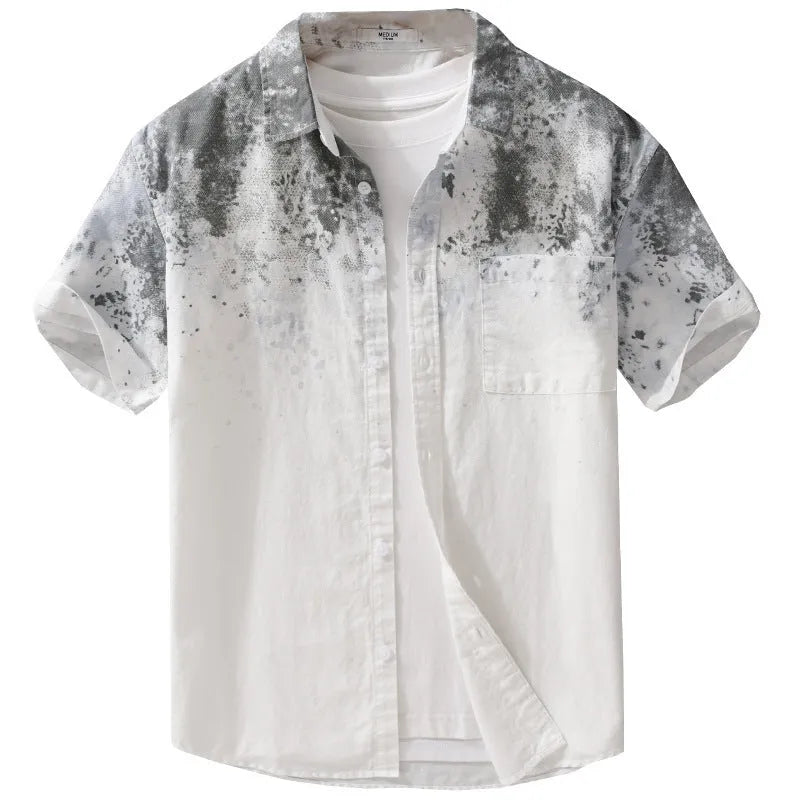 Men's grey hanging dyed pure cotton short-sleeved shirt with loose cardigan fit