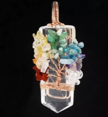 Crystal Column Tree of Life Winding Pendant Necklace in various natural crystal colors