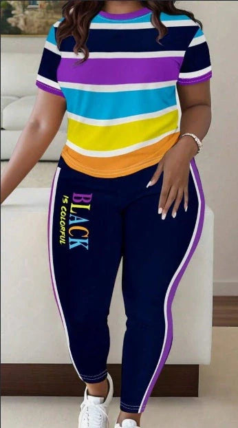 Women's colorful stripe print t-shirt and pants casual set, available in sizes S to 3XL