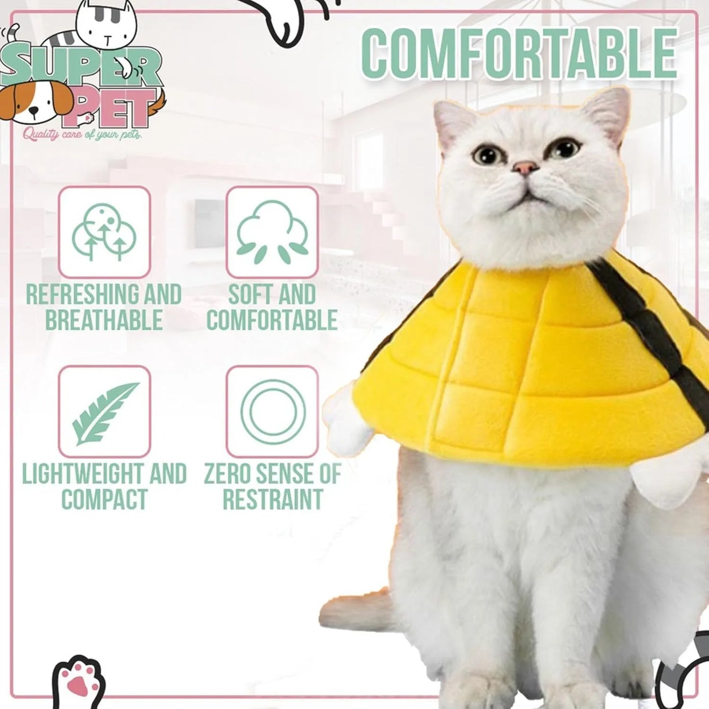 Soft fabric cat cone collar with cute bee design and Velcro closure on a table