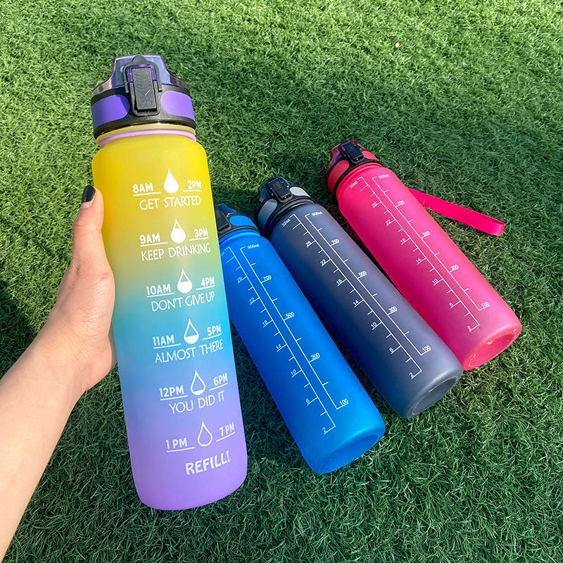 1-Liter Tritan Sports Water Bottle with Time Markers, Bounce Cover, and Motivational Design