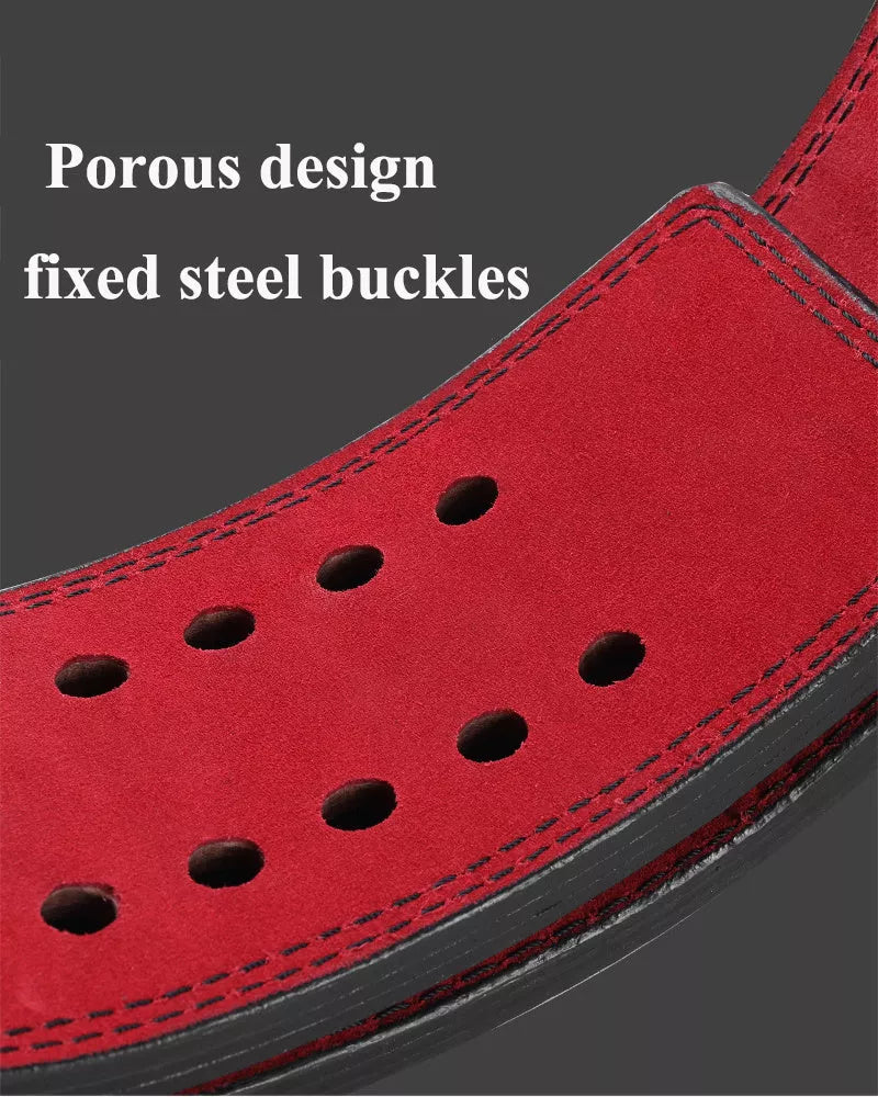 Professional fitness squat waist support belt in black cowhide with adjustable sizing