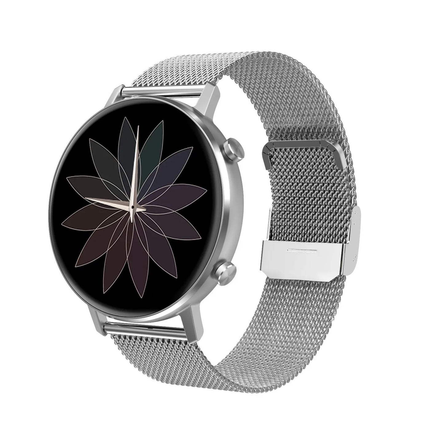 DT96 fitness tracker with steel strap on wrist, showing 1.3-inch screen displaying step count.