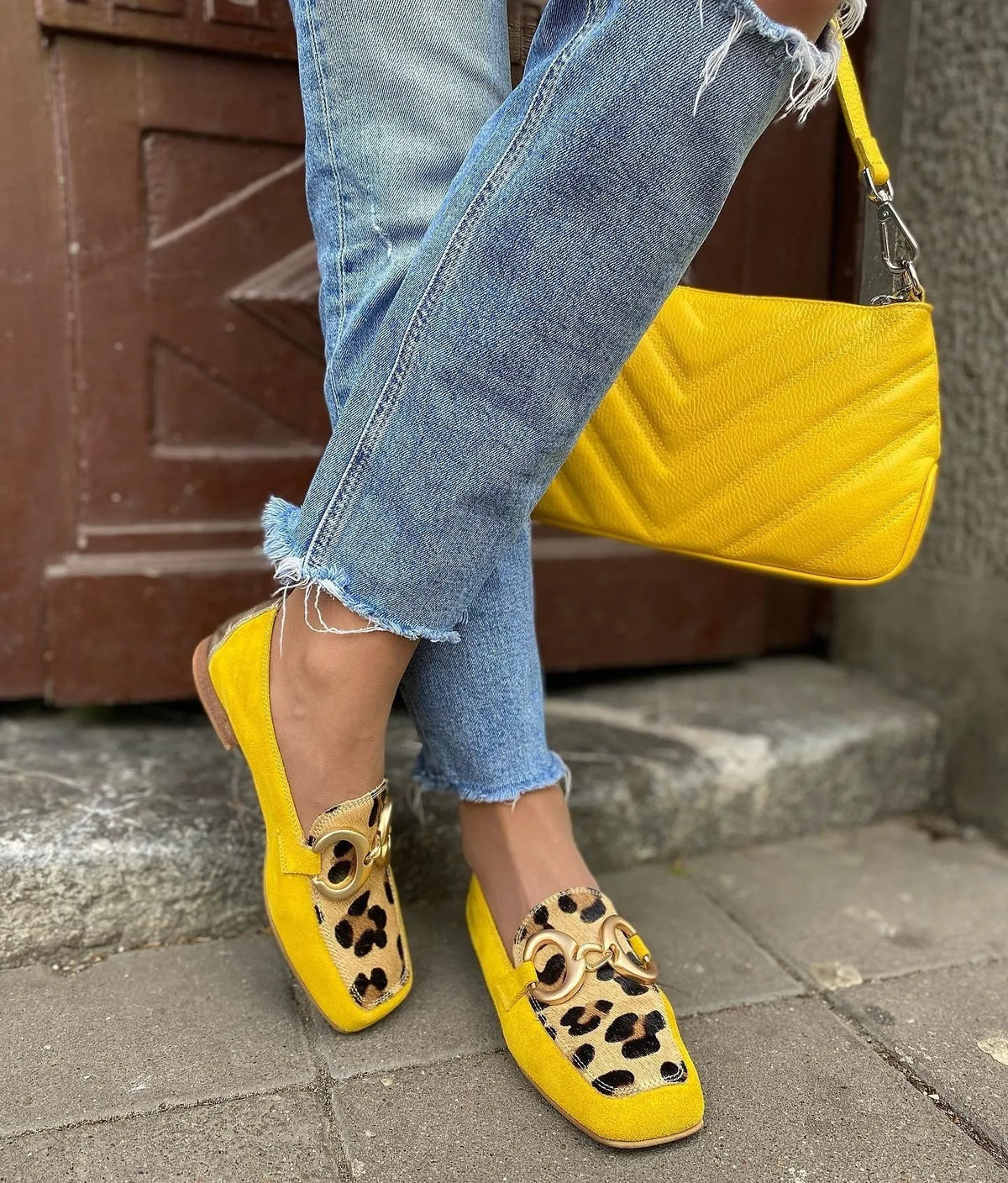 Yellow suede low heel square toe women's casual shoes with shallow mouth and rubber sole