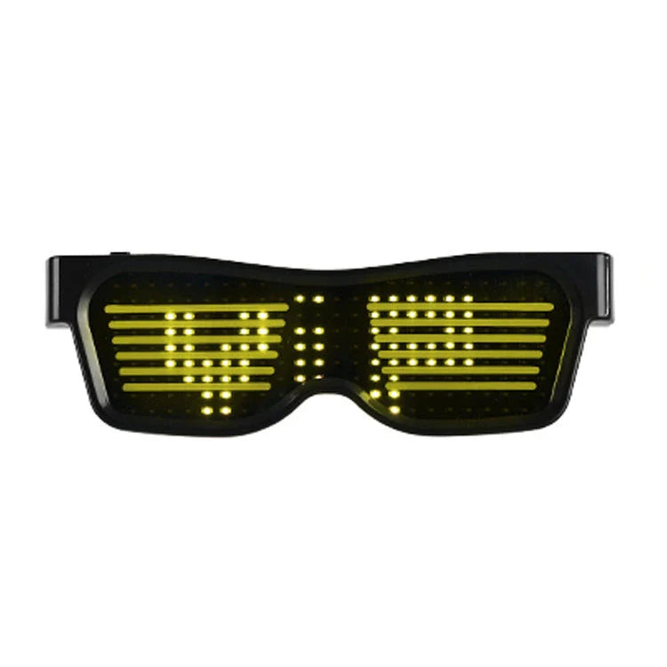 Bluetooth-enabled LED party glasses with dynamic, flashing light effects in multiple vibrant colors