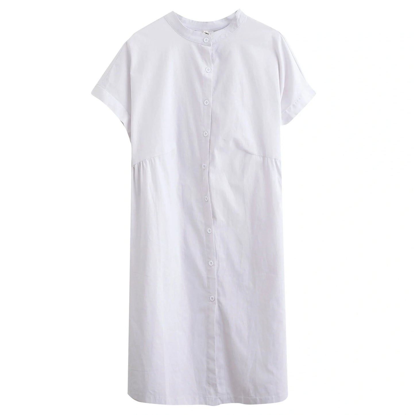 Literary Loose Plain Cotton and Linen Stand Collar Short Sleeves Dress in black and white