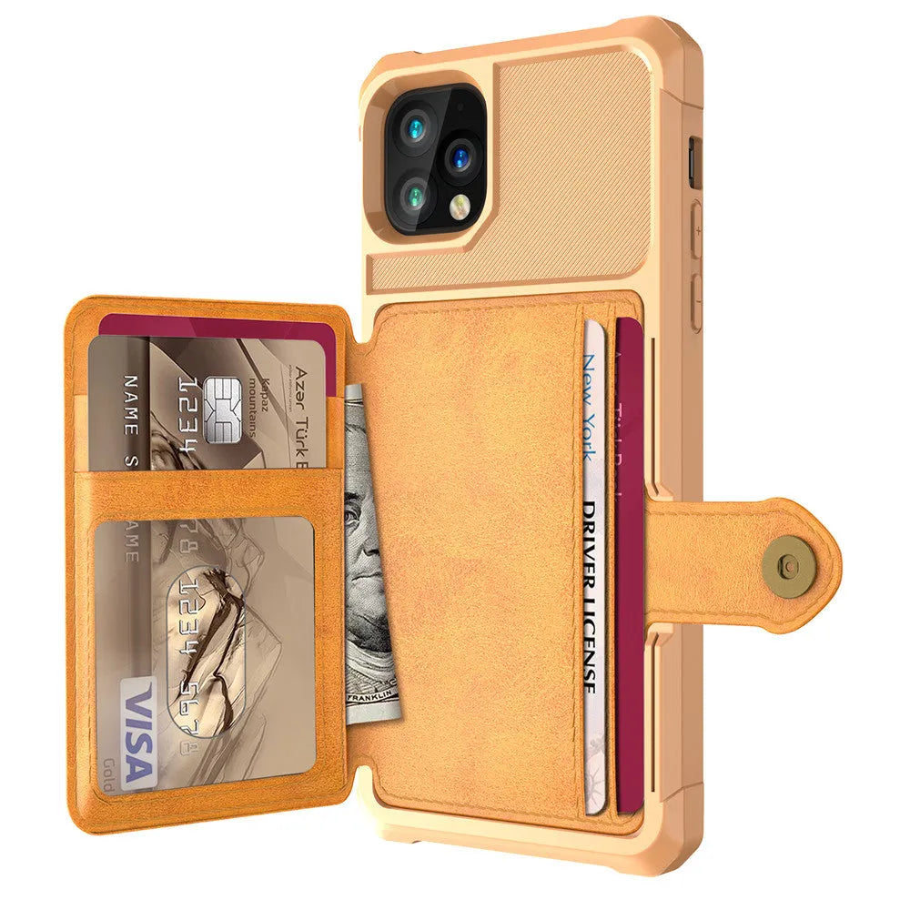 Imitation leather card wallet iPhone case back cover in black, blue, green, pink, or red.