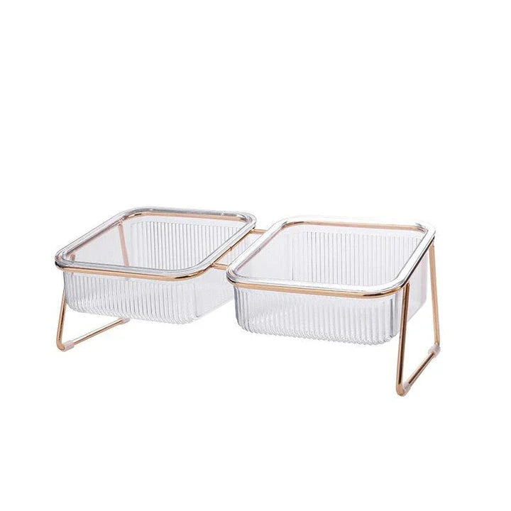 Iron Pet's Double Non-Slip Bowl in square shape, available in small and large sizes, with dual compartments for food and water