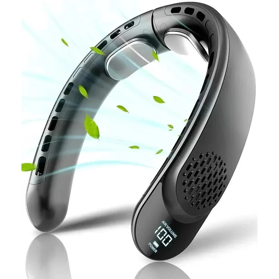 A portable, hands-free neck fan with 360-degree cooling technology for outdoor sports and activities.