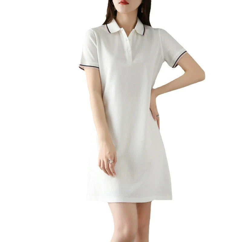 A mid-length dress with a classic polo collar, available in a variety of colors for a versatile and stylish look.