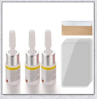 A windshield repair kit with resin-based fluid for fixing cracks and chips in car windows, mirrors, and glass surfaces.
