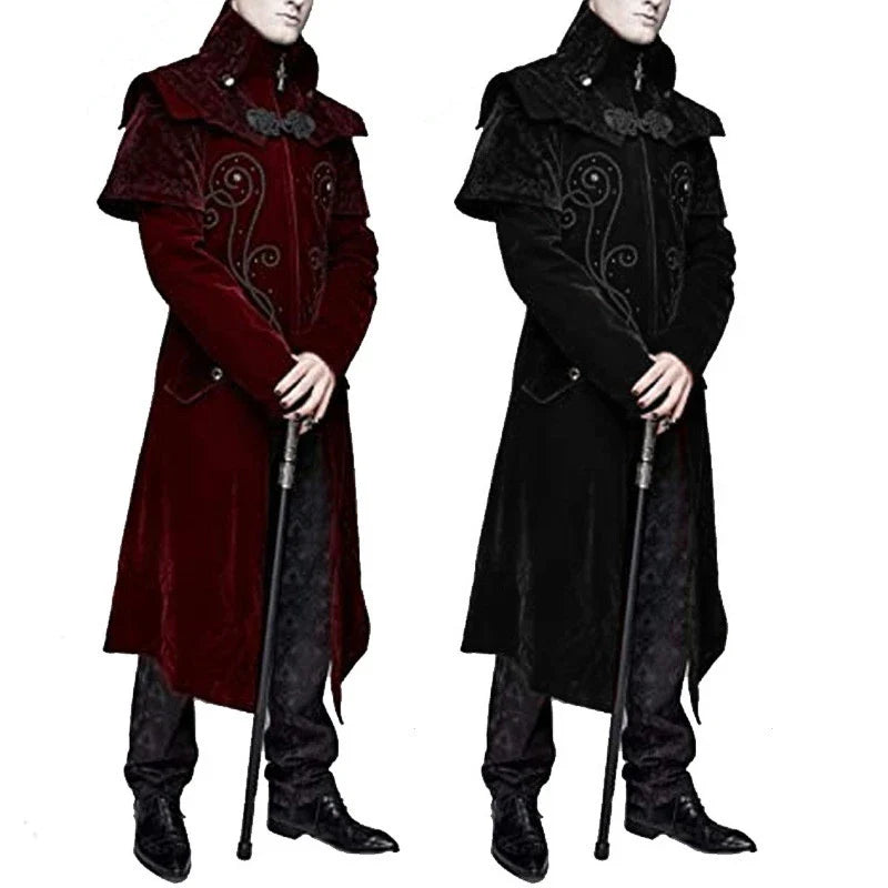 A stylish men's gothic-inspired jacket with a stand collar, made of a premium polyester blend fabric.