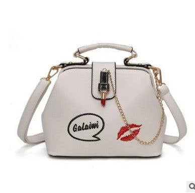 Lip Embroidered Lipstick Lock Doctor Bag - Stylish and functional fashion accessory with premium PU material and embroidered lip pattern