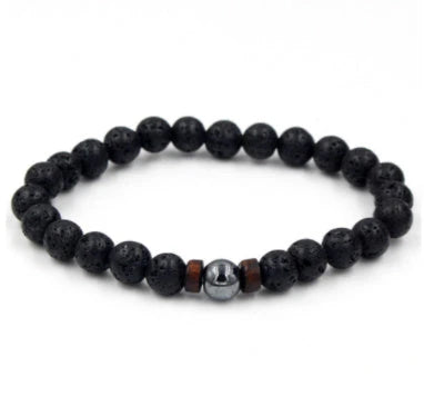 Stylish men's bracelet made with natural volcanic stone, flash stone, and wood chip in a geometric, mosaic-like design