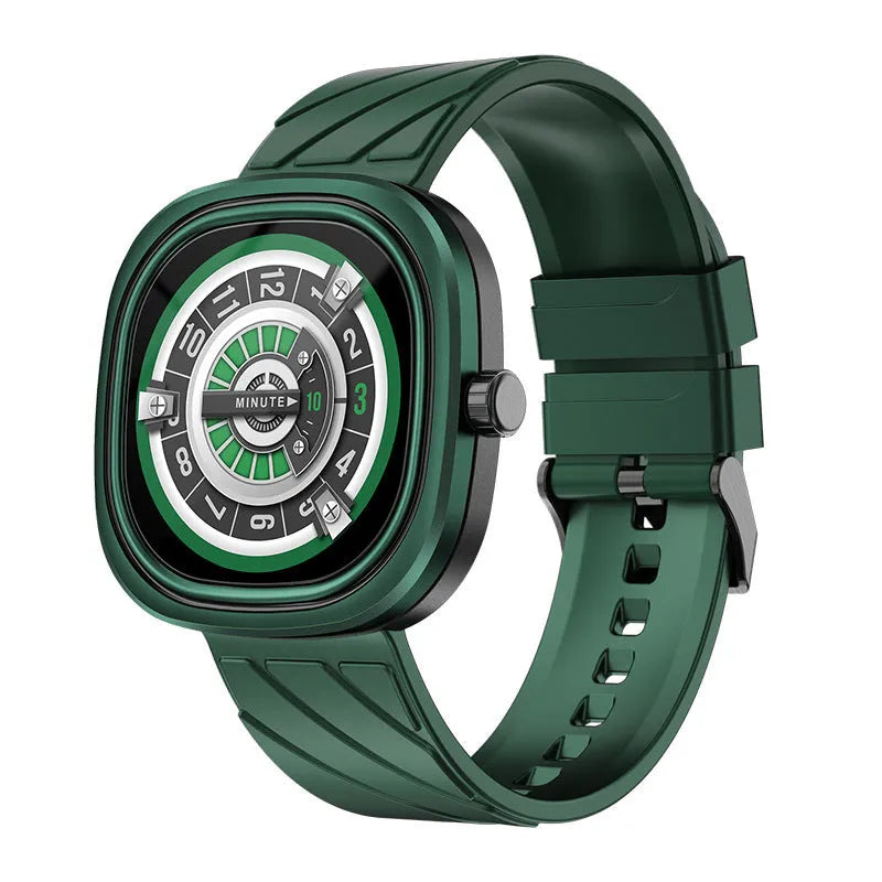 Black silicone band smart watch showing time on its 1.32-inch colour touch screen.