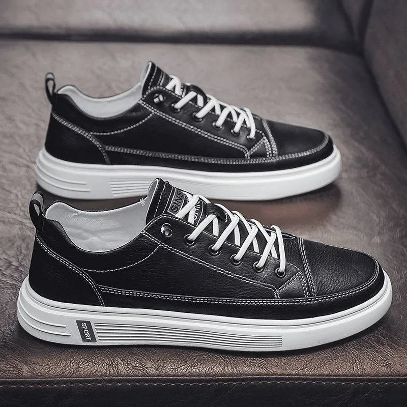 Men's casual flat-bottom shoes in beige, white, or black with a PU upper and round toe