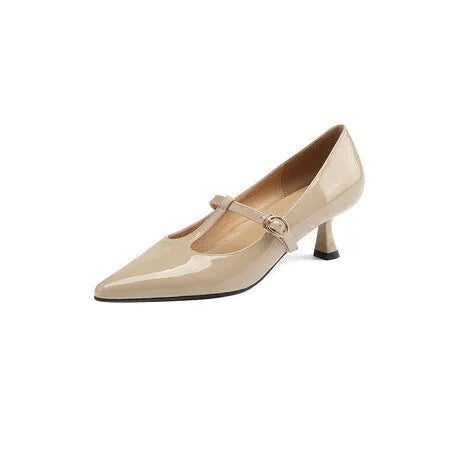 Women's black leather square toe high heel shoes with a 6-8cm heel on a plain background.
