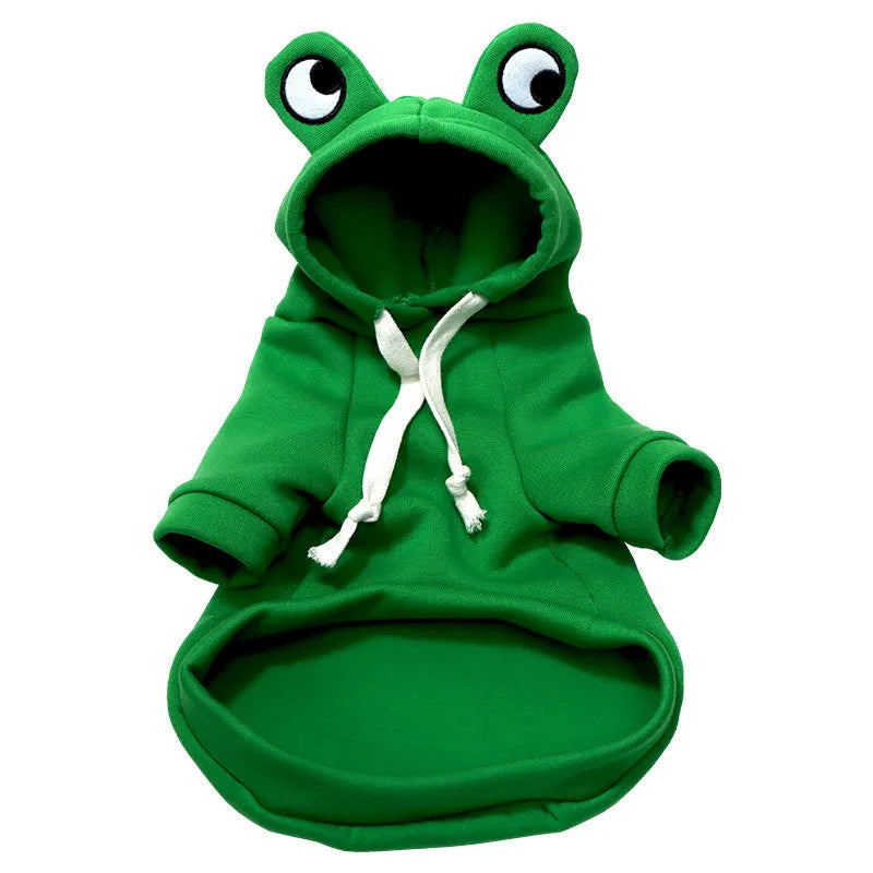 Green frog costume hoodie for a small dog, showing hood with ears and sweatshirt body.