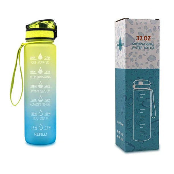 1-Liter Tritan Sports Water Bottle with Time Markers, Bounce Cover, and Motivational Design