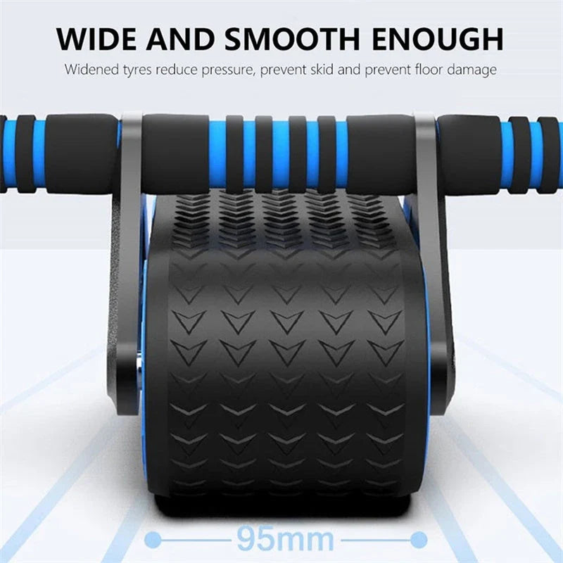 Dual-wheel abdominal roller with sweat-absorbent grip handle for intense core workouts