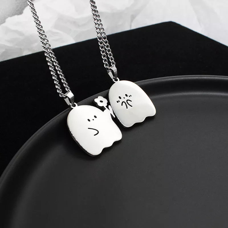Stainless steel ghost and cat pendant necklace with water wave chain