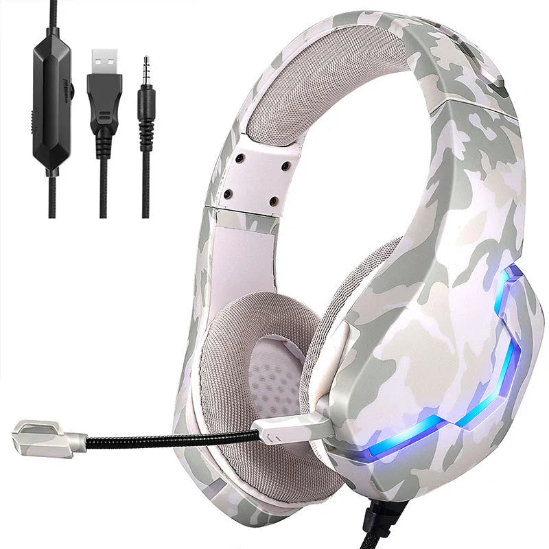 Blue and white camouflage wired gaming headset with cloth earmuffs and a braided cable.
