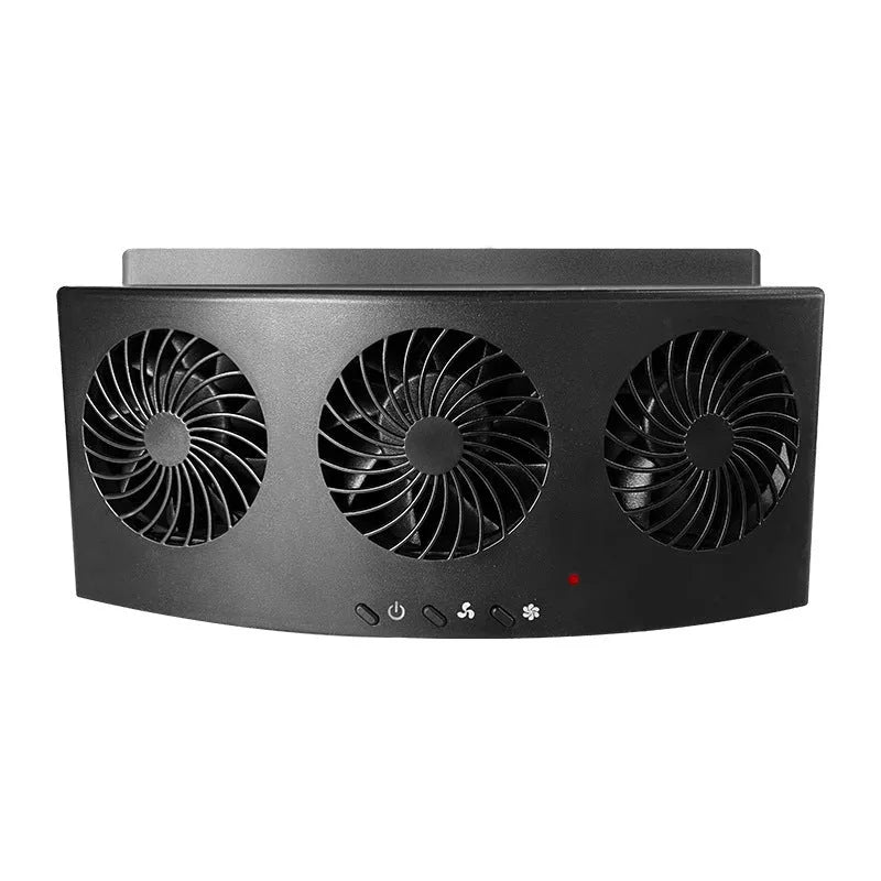 Compact black and white USB-powered car ventilation fan on a dashboard.