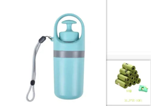 Blue portable plastic dog pooper scooper with eight-claw shovel and built-in bag dispenser