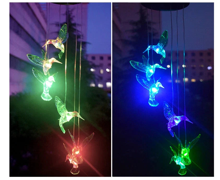 Vibrant solar-powered color changing wind chime with hummingbird and butterfly design for outdoor decor