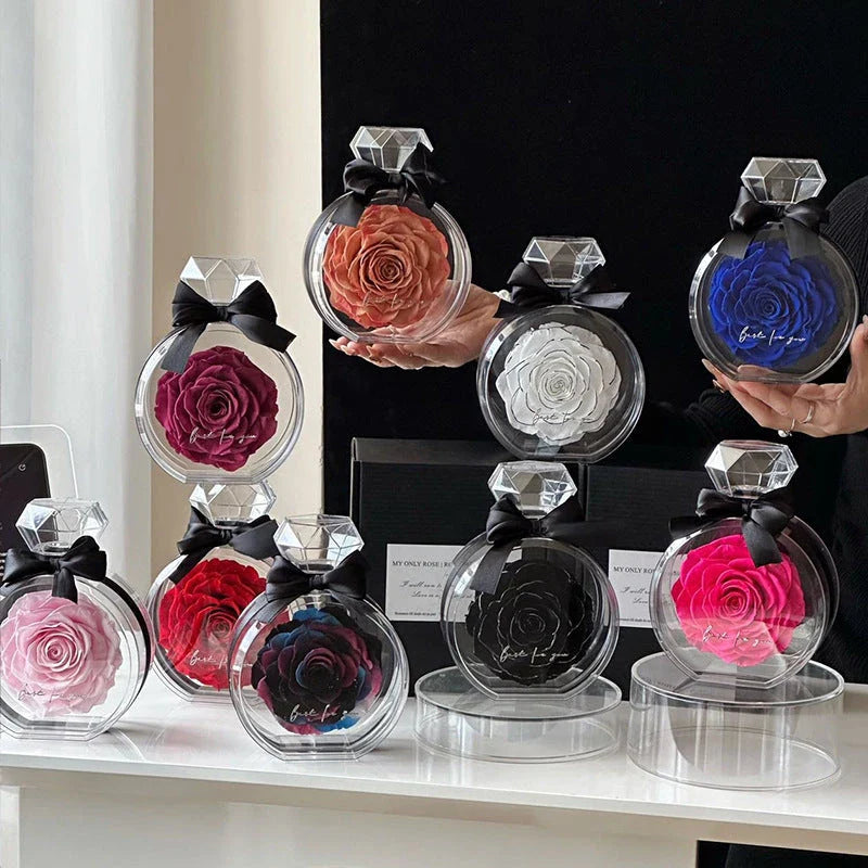 Preserved floral ornaments in various colors, displayed in a transparent cover for elegant home decor