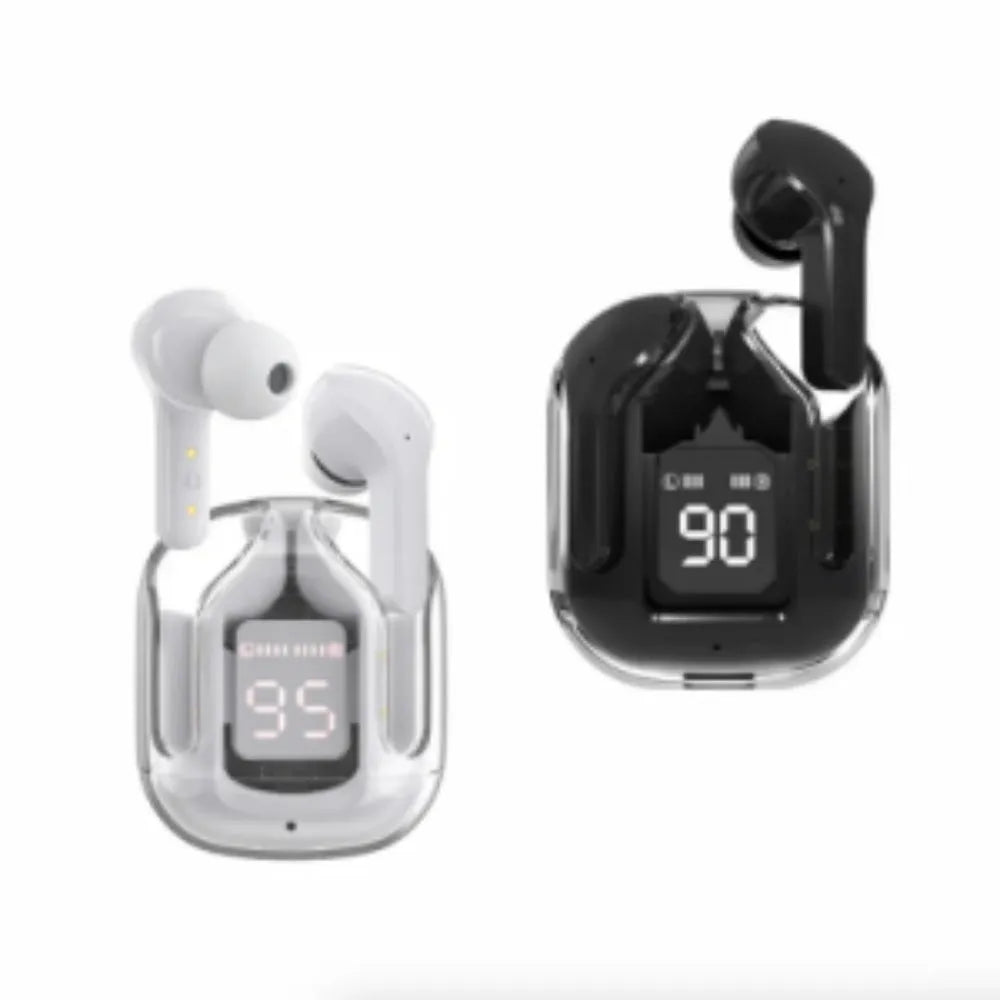Transparent capsule case containing true wireless Bluetooth earbuds in light blue, showing digital display.