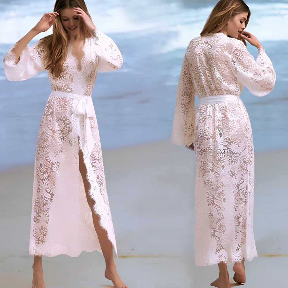 White lace bikini blouse with 130cm length and UPF 50+ sun protection for beach wear