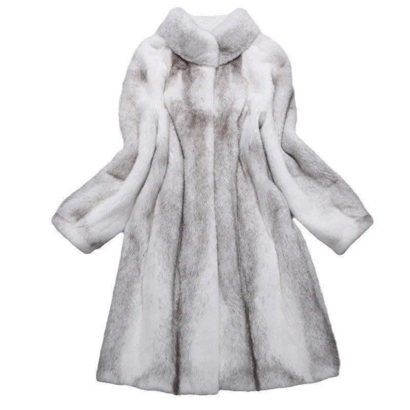 White women's faux fur coat with a stand-up collar, shown on a model.