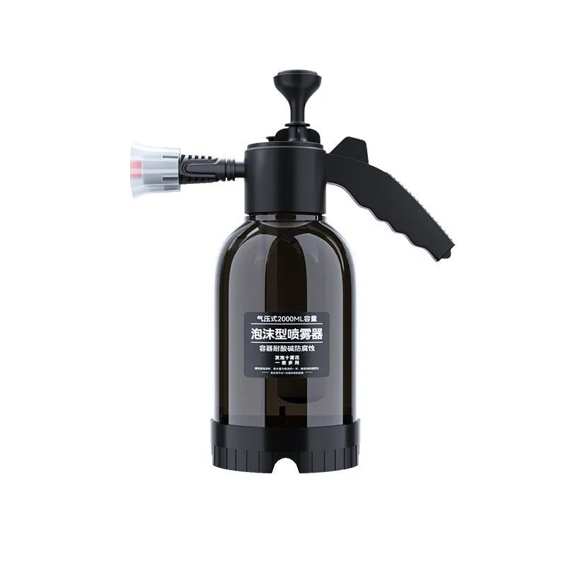 Black 2-litre hand-held foam sprayer with pump handle and two nozzles for car washing and gardening.