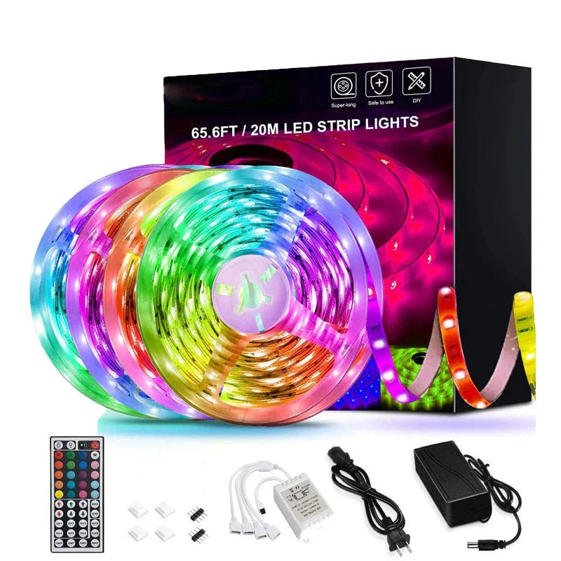 Customizable 65-ft RGB LED light strips in various home decor settings, including bedroom, living room, and TV backlighting