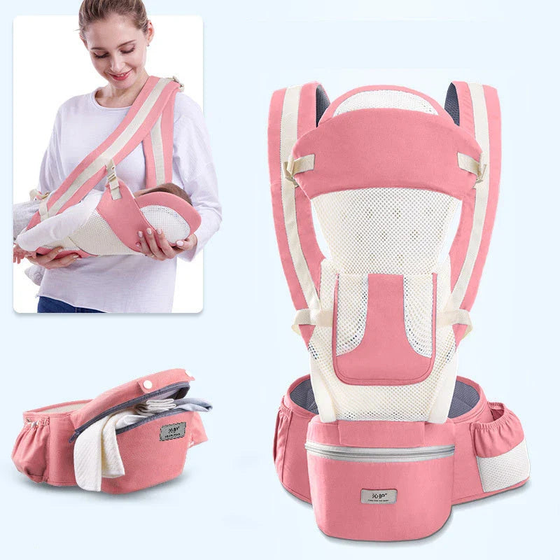 3-in-1 ergonomic baby carrier with multiple carry options, including front-facing and hip-hugging, designed for newborns to toddlers