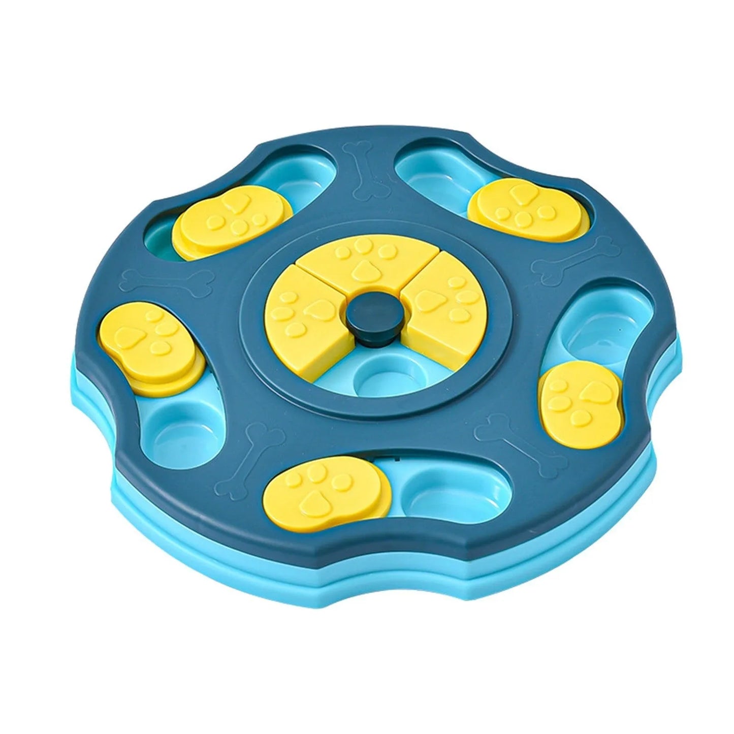 Blue dog puzzle feeder toy with food compartments and interactive searching games