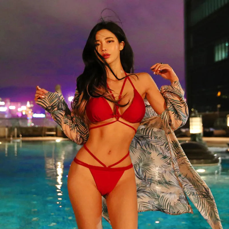 Black and red nylon bikini swimsuit for swimming and wading.