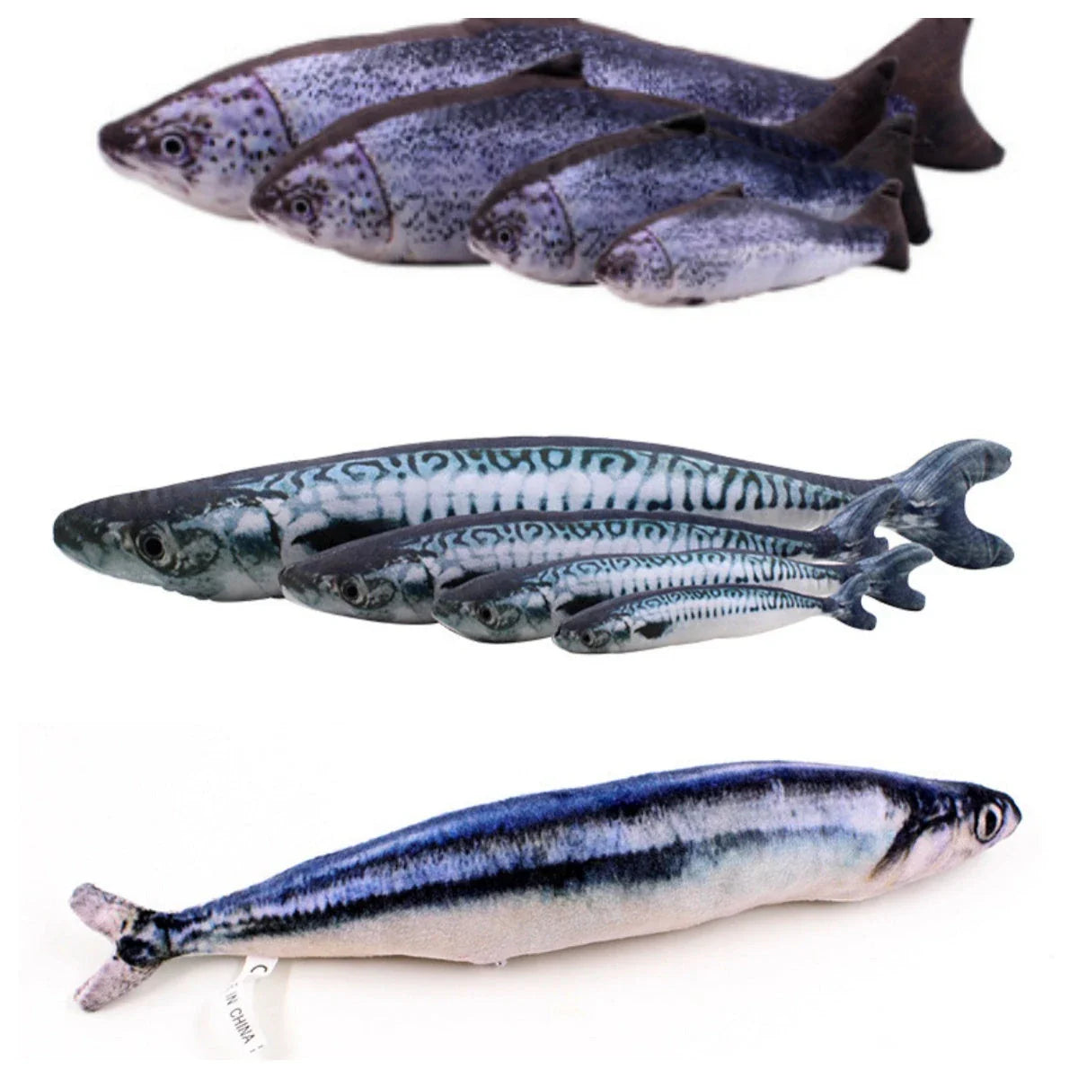 Soft, plush fish-shaped cat toy in vibrant colors with realistic design and construction