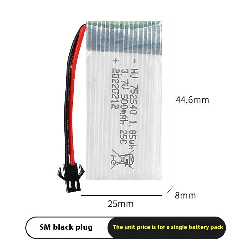 3.7V 500mAh 1S Li-Po drone battery, 44.6mm x 25mm x 8mm, for X5C RC model aircraft with JST PH2.0 SM XH2.54 plug options